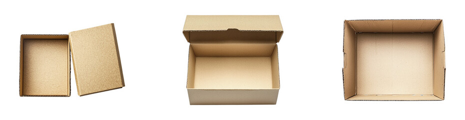 Three Different Types of Cardboard Boxes in Various States of Openness, Isolated on Transparent and White Background
