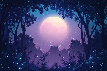 Enchanting Moonlight Forest Scene With Glowing Fireflies