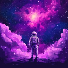 Obraz premium Astronaut Gazing at a Vibrant Purple Nebula in Space