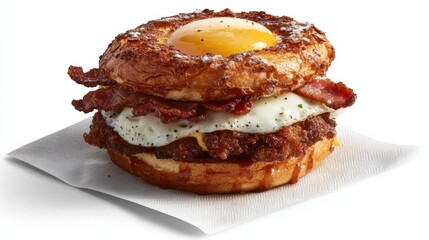A breakfast sandwich with fried egg, crispy bacon, and melted cheese on a toasted English muffin, placed on a napkin.