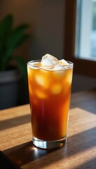 Cool iced coffee, wooden tabletop, ample copy space, food, drinkware