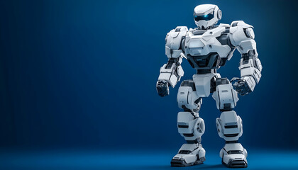 Fototapeta premium A realistic toy robot standing on a deep blue backdrop with open space for copy on the right