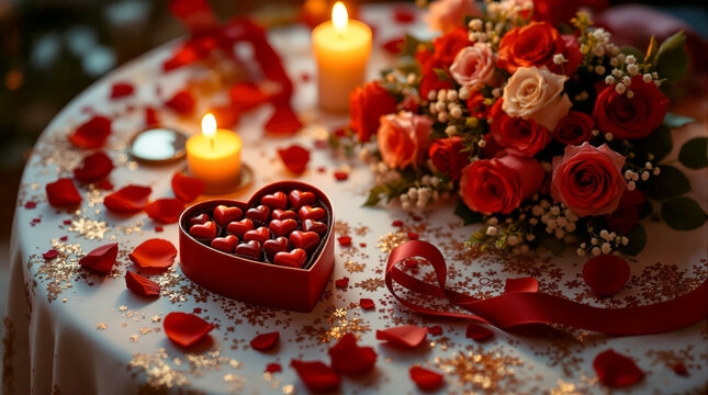 Une table de Saint-Valentin : chocolats en c&oelig;ur, bougie chaleureuse et bouquet &eacute;clatant sur une nappe blanche immacul&eacute;e.