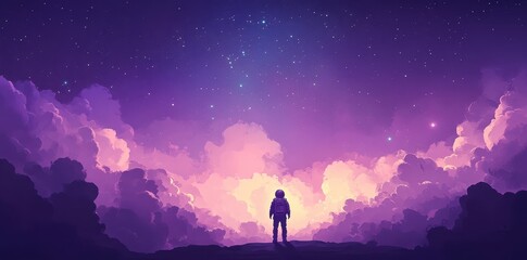 Obraz premium Astronaut gazing at a purple starlit sky above clouds