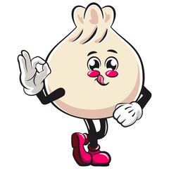 Cute dumpling vektor illustration mascot character greet by giving oke sign, Xiao Long Bao, Asian, Chinese food, work of hand drawn