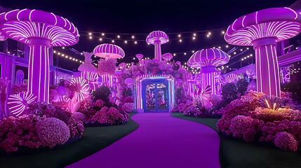 Enchanted garden pathway with glowing mushrooms, party entrance.