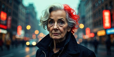 Obraz premium Woman with red hair and gray hair stands in the middle of a city street