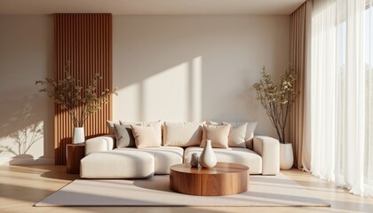 Art deco interior japandi living room with a large white sofa, a wooden coffee table, and two potted plants.