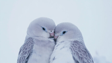 Two pale grey birds cuddling close together against a blurred white background.