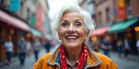 Woman in a yellow jacket and red scarf is smiling