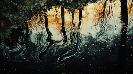 Obraz premium Abstract Nature Reflections: Dark Water, Swirling Trees