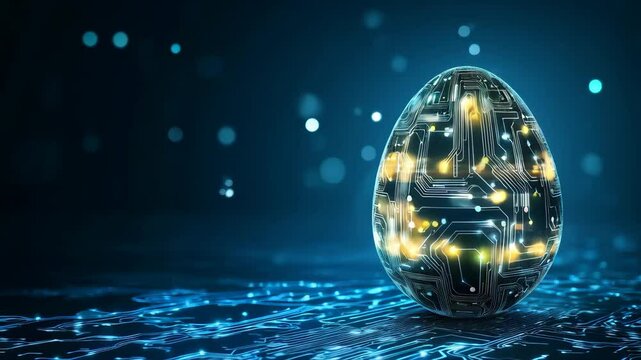 Shining Easter egg in tech futuristic style on dark blue background. Abstract 3d neon glowing egg with circuit board texture