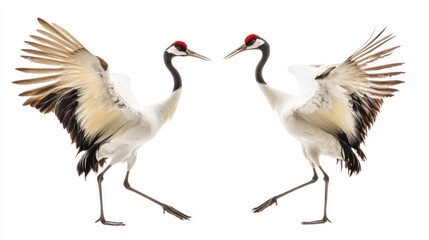 Obraz premium Two red-crowned cranes facing each other with wings outstretched on white background.