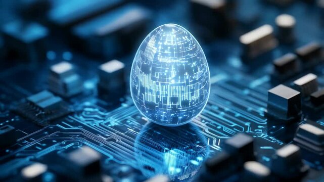 Shining neon Easter egg in tech futuristic style on dark blue background. Abstract 3d neon glowing egg with circuit board texture. Digital technology and  ai concept