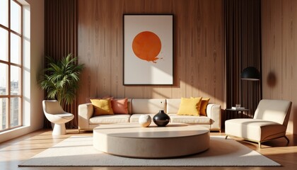 Modern art deco interior living room with a large window, wooden paneling, and a minimalist design.