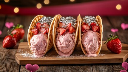 Gourmet waffle tacos filled with lavender and strawberry ice cream, topped with silver sugar pearls, beautifully framed by Valentine-themed red and pink gradients