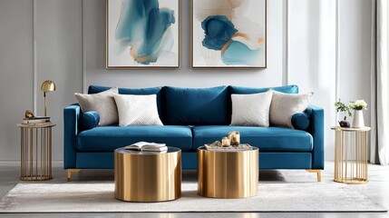Stylish living room with a luxurious blue sofa, gold metal side tables, a trio of modern abstract paintings on a pale gray wall, and soft natural lighting