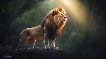 Fototapeta premium A lion standing on a hill surrounded by a dense forest, sunlight highlighting its powerful stance.