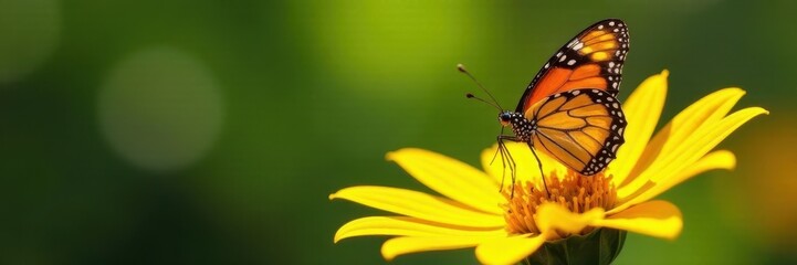 Fototapeta premium Vibrant butterfly perched on a bright yellow sunflower, showcasing its striking colors, petals, wundersch?ner schmetterling, orange