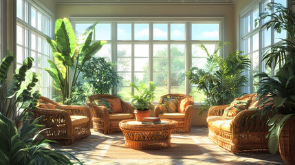 Bright airy sunroom wicker furniture large windows plenty plants. Solarchime. Illustration