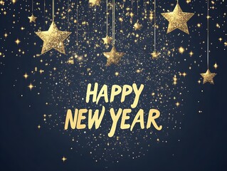 2026 golden number hanging on a dark blue background with glitter and star shaped decorative elements, new year celebration banner or greeting card design template. happy New Year concept.