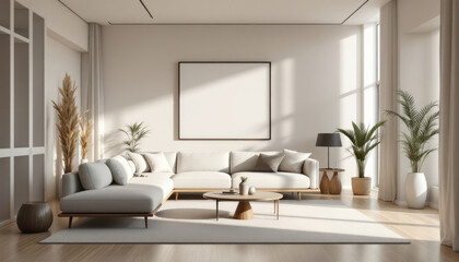 Modern japandi living room with a large white sectional sofa, a coffee table, and various decorative elements such as potted plants and a large blank picture frame on the wall.
