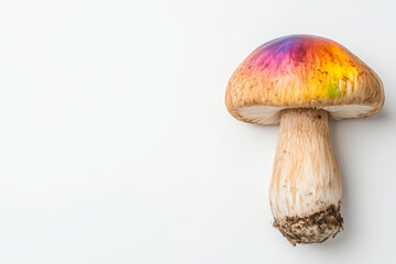 Colorful mushroom with rainbow hues on cap against a clean white background