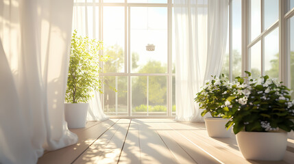 Fototapeta premium Bright and airy sunroom with white curtains extreme close-up. Solarchime. Illustration