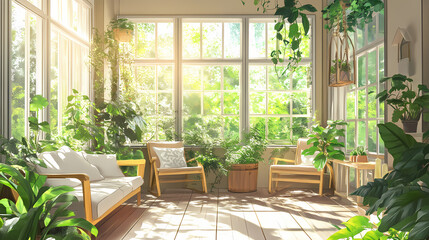 Fototapeta premium Bright sunroom filled with greenery and large windows, creating a serene indoor space. Solarchime. Illustration