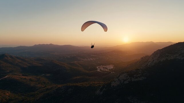 A lone paraglider soars over a vast landscape, silhouetted against a breathtaking sunset that casts a warm glow over the mountains and valleys below.