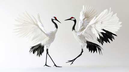 Obraz premium Two white cranes with wings spread, facing each other.