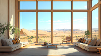Fototapeta premium Create a sunroom with oversized windows offering uninterrupted views of a vast desert landscape, with sand dunes stretching to the. Solarchime. Illustration