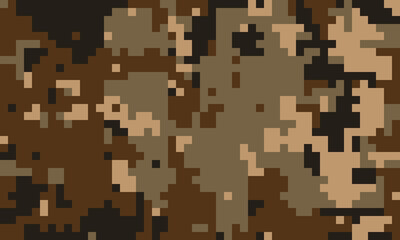Abstract pixelated camouflage pattern in earthy tones.  Perfect for backgrounds, textiles, or military-themed designs.  Versatile and stylish, this digital print offers a unique texture.