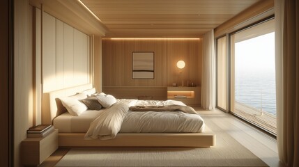 Minimalist Bedroom Design with Beige Tones, Modern Furniture, and a Calm, Cozy Atmosphere