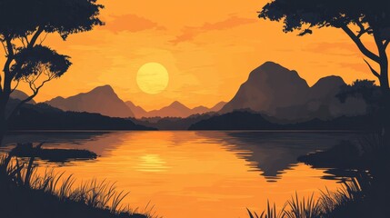 Obraz premium Serene Sunset Over Mountain Lake Silhouette