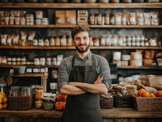 Young entrepreneur managing a local shop, small business owner standing confidently in a retail store setting