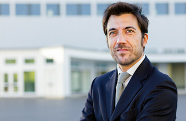 Confident businessman posing with arms crossed in front of office building