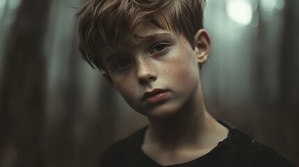 Pensive Boy in the Forest: A Portrait of Youthful Contemplation