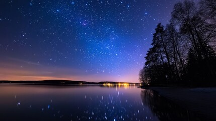 Naklejka premium Ethereal starry night sky with glowing constellations, vivid auroras blending with deep blues and purples, surreal and dreamlike atmosphere