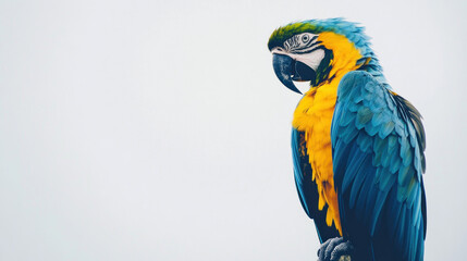 Fototapeta premium Vibrant blue-and-gold macaw parrot perched against a bright, overcast sky.