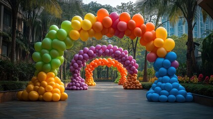 Vibrant Balloon Arches Set Up in a Park, Creating a Festive and Colorful Atmosphere for an Event

