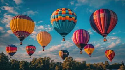 Obraz premium Group of Vibrantly Colored Hot Air Balloons Floating in the Sky, Creating a Stunning Aerial Display
