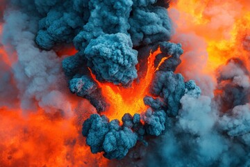 Volcanic eruption viewed from above with dramatic ash clouds and glowing lava flow