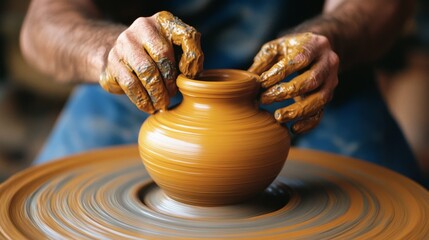 Hands expertly mold a vibrant clay pot on a spinning wheel, demonstrating the artistry and dedication of pottery making.