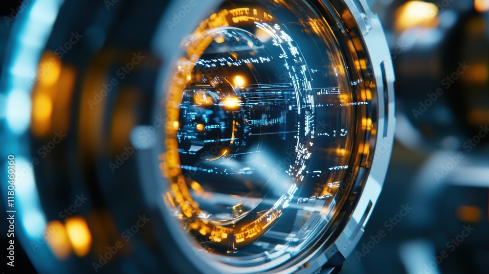 Poster futuristic spaceship cockpit showing a circular display with holographic projections of data, comple