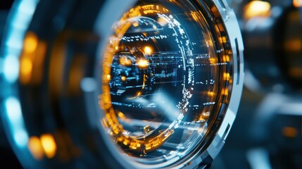 Obraz premium Futuristic spaceship cockpit showing a circular display with holographic projections of data, complex information and indicators, creating a high tech and immersive atmosphere