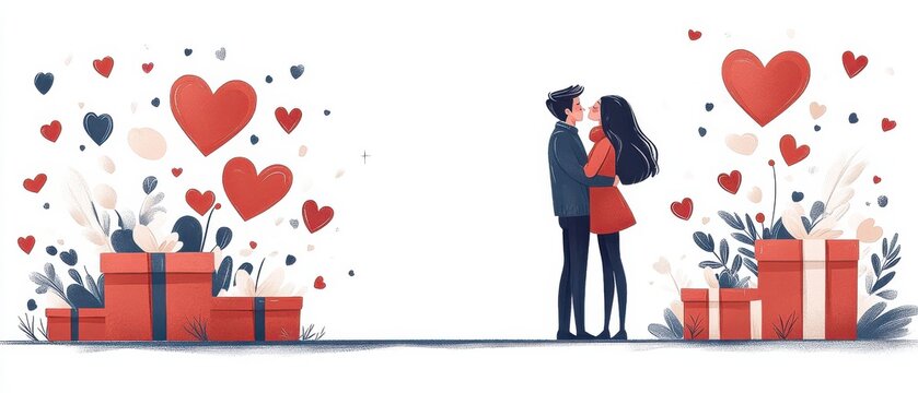 [Valentine's Day preparation Valentines sentiment] Valentine's Day Celebration Lovers Embracing amidst Red Roses and Gift Boxes