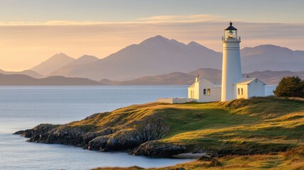 Fototapeta premium Lighthouse by the sea with mountains in the background.