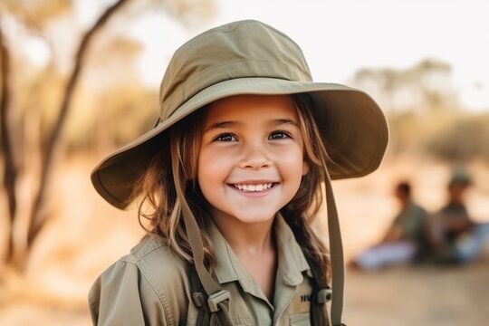 Portrait of a cute little girl with a safari hat smiling at the camera