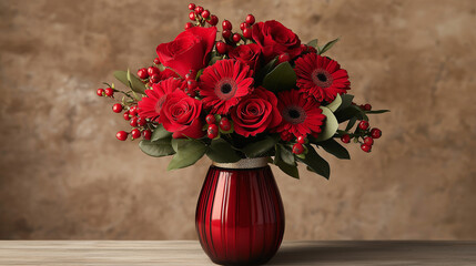 Bouquet of red explorer roses and gerbera daisies making a beautiful gift for valentine's day